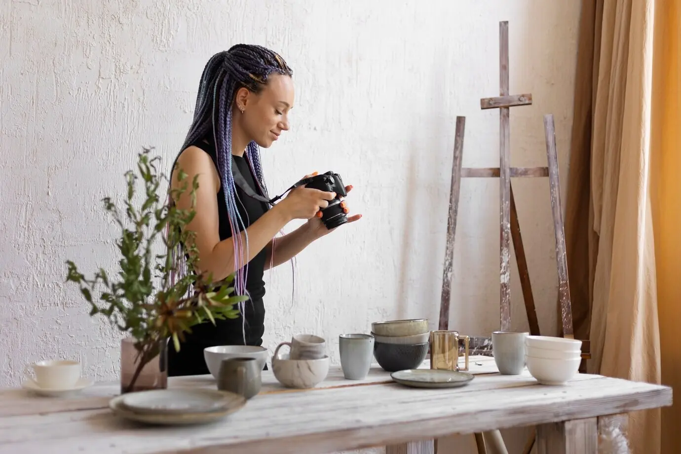 Frau fotografiert keramisches Küchengeschirr